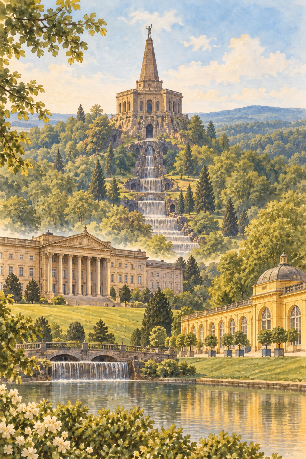 Künstlerische Illustration des Herkules mit Wasserkaskaden und bewaldeten Hügeln im Hintergrund